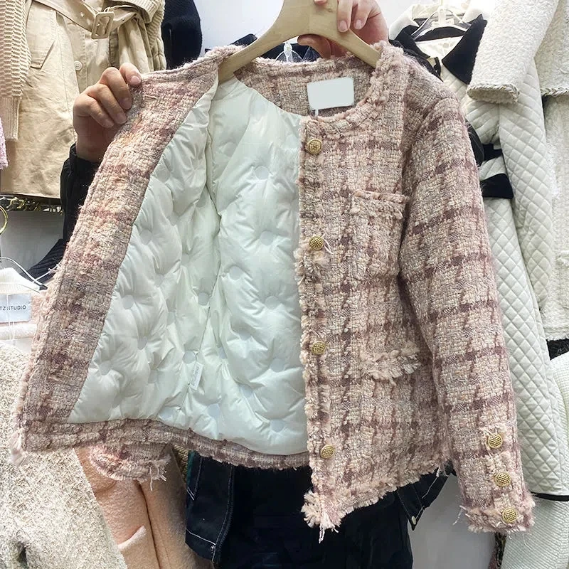 

White Down Suit Jacket Women's 2022 Winter Fragrant Tweed Knitted Raw Edge Single-Breasted Padded Female Blazers