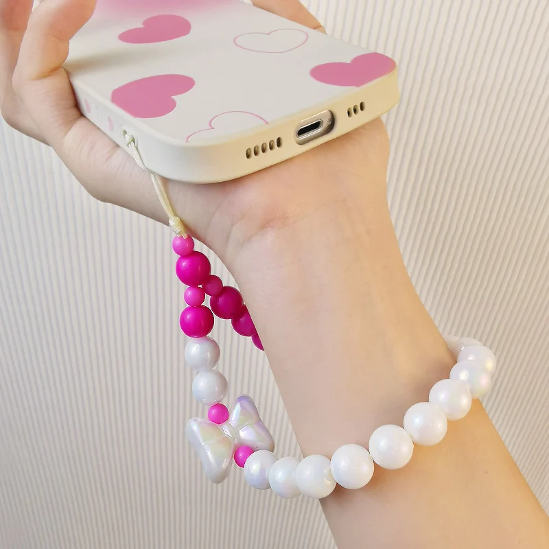 Mobile Phone Strap Short Wrist Bow Beaded Bracelet Candy Colored Bead Pendant Round Bead Pendant Universal Phone Ant