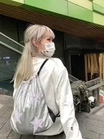 Women Y2K Drawstring Backpacks Korean Fashion Girls Silver Star Backpack Casual Book Bag Student Bags Kids Schoolbag Travel Bag 2