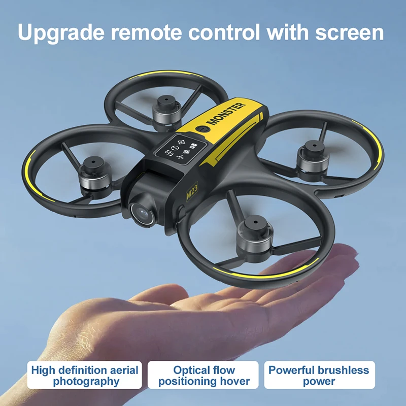 Drone M23 8K avec Double Caméra et GPS posé sur une surface, avec ses trois batteries visibles