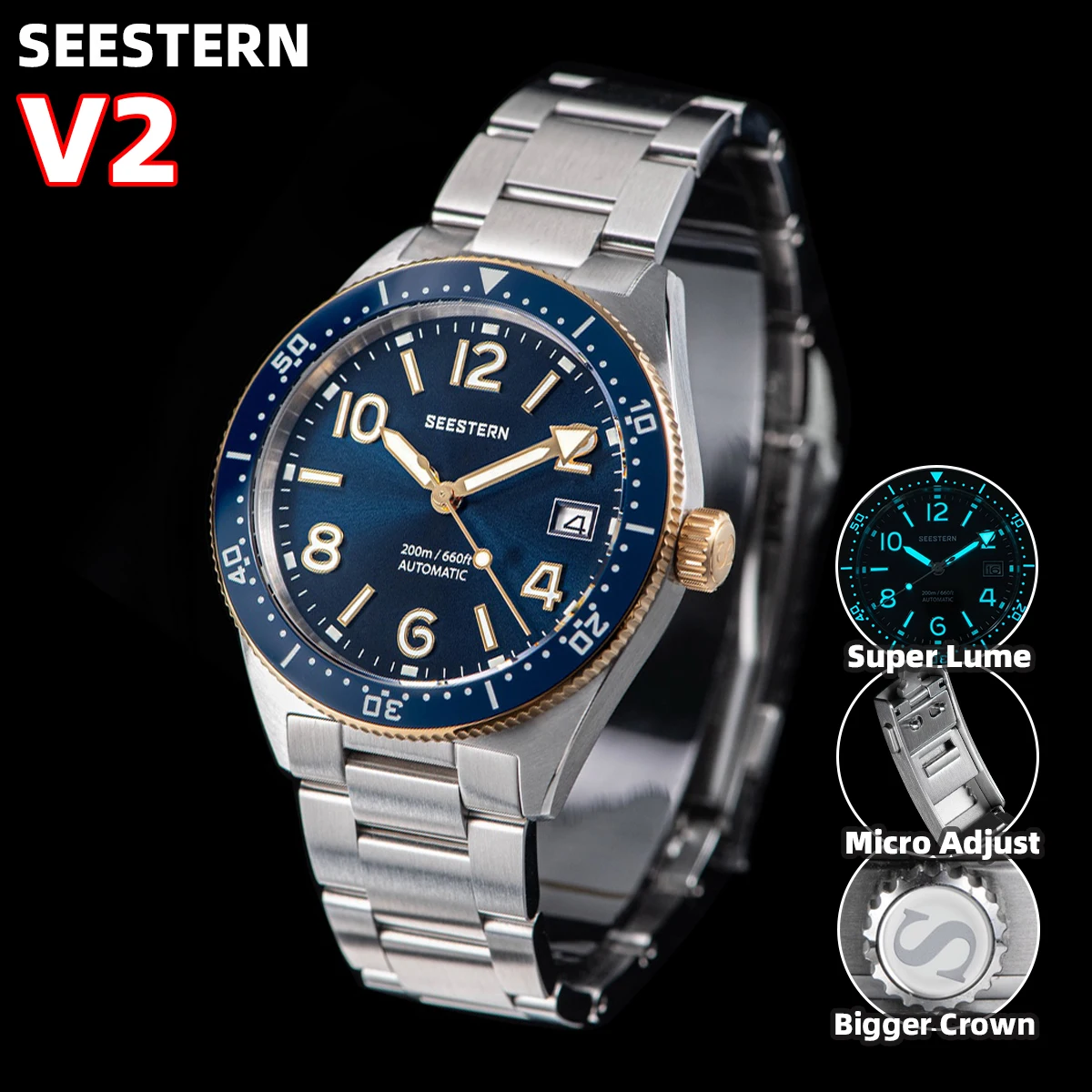 Seestern S434 Orologio Subacqueo Da Uomo Nh35 Movimento Automatico 200M Orologi Da Polso Meccanici Impermeabili Scheletro Luminoso Zaffiro V2