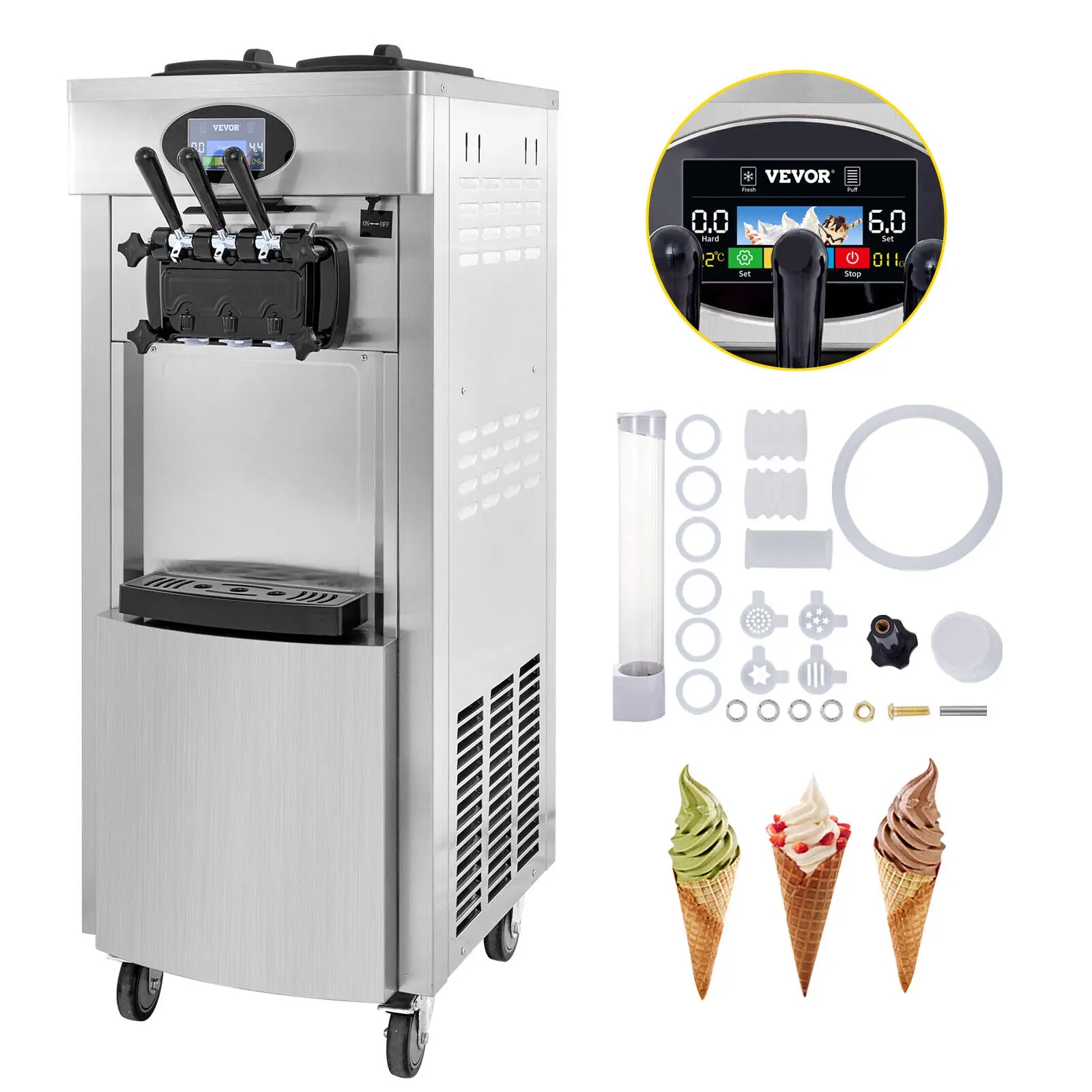 

VEVOR Pre-cool 2200W 20-28L/H Commercial Soft Ice Cream Machine 3 Flavors Ice Cones Maker Vertical Soft Ice Cream Machine