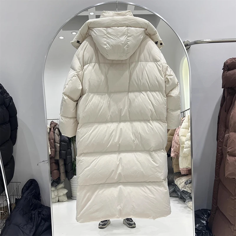Winter Thick Long Hooded Down Jacket Women White Duck Down Knee Length Down Jackets Female Solid Warm Outdoor Parkas Outwears