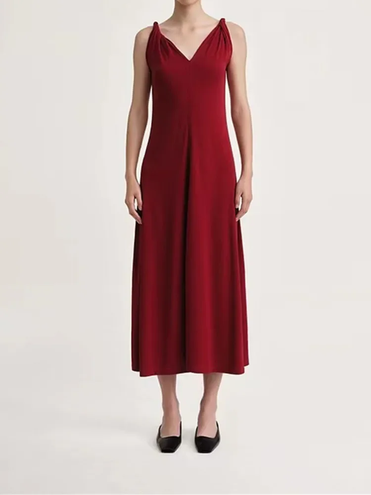 

Women Midi Robe Shoulder Strap Twist Slim Spring Summer Sexy Deep V Sling Dress for Party