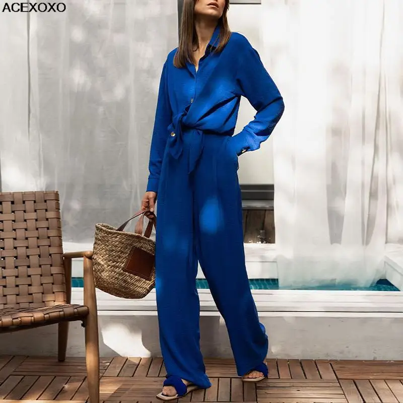 

Casual femininity 2023 high-waisted elasticated shirt wide leg pants fall
