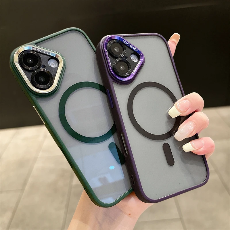 Metal Len Transparent Shockproof Phone Case For iPhone 16 15 14 Plus 13 12 Pro Max 11 Magnetic For Magsafe Wireless Charge Cover_voghion.com