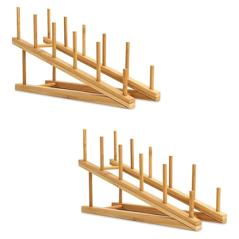 

New 4 PCS Wooden Dish Rack Bamboo Plate Rack Stand Pot Lid Holder, Dish Drying Rack Kitchen Cabinet Organizer For Dish Plate