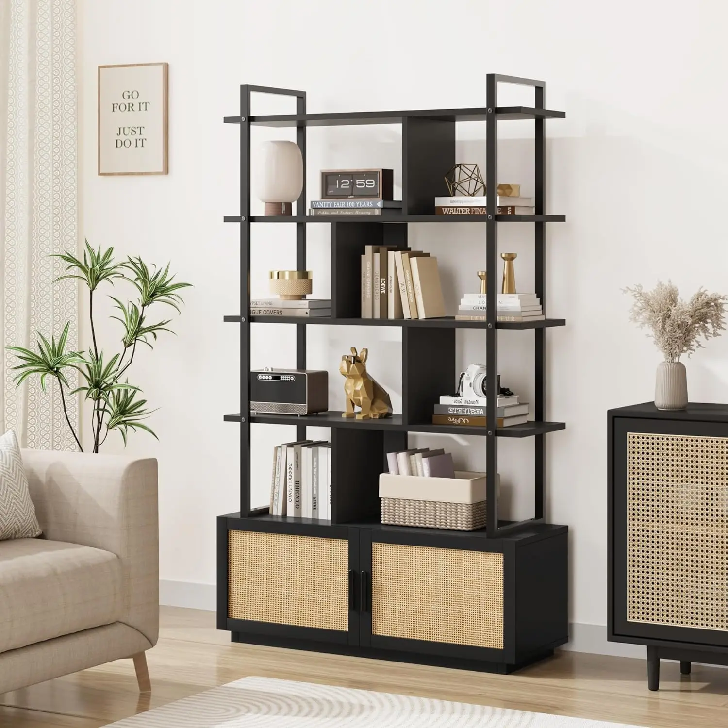 

GAOMON 5 Tier Rattan Bookshelf with Storage Cabinet,71.1 Inch Tall Industrial Book Shelf with Open Display Shelves,Bedroom-Black
