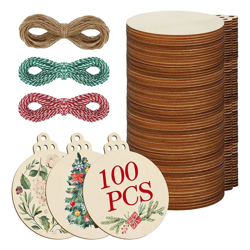 

100 PCS 3 Inch Round Wood Slices With Holes Unfinished Xmas Pre Drilled Wood Blank Round Wooden Discs With 195 FT Rope