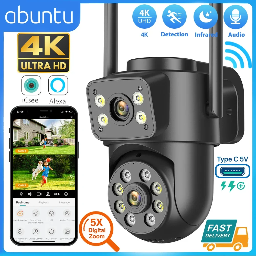 Dual Screen WiFi Security Camera 4K 8MP Dual Lens Surveillance Camera Human Detection Night Vision 5X Zoom Home Outdoor Security 3