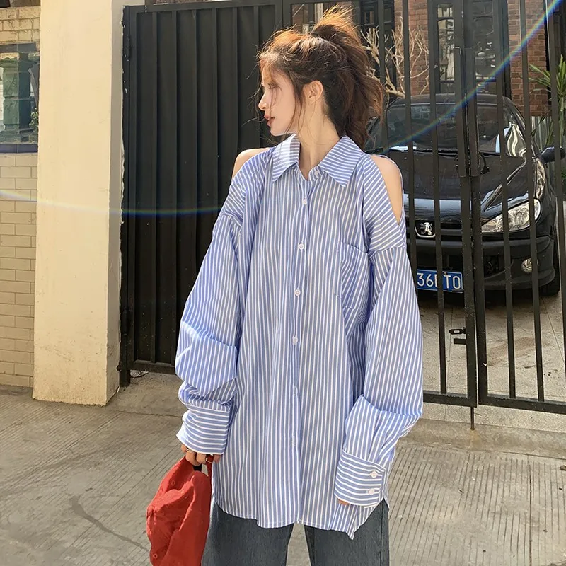 

New Spring/autumn Korean Style Women Turn-down Collar Long Sleeve Blouse Hollow Out Casual Cotton Striped Casual Shirts V373