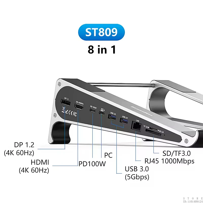 8포트 8 in 1 노트북 허브 어댑터 알루미늄 노트북 스탠드 타입 C 네트워크 카드 USB C MST HDTV DP 4K 60Hz 허브 도킹 스테이션