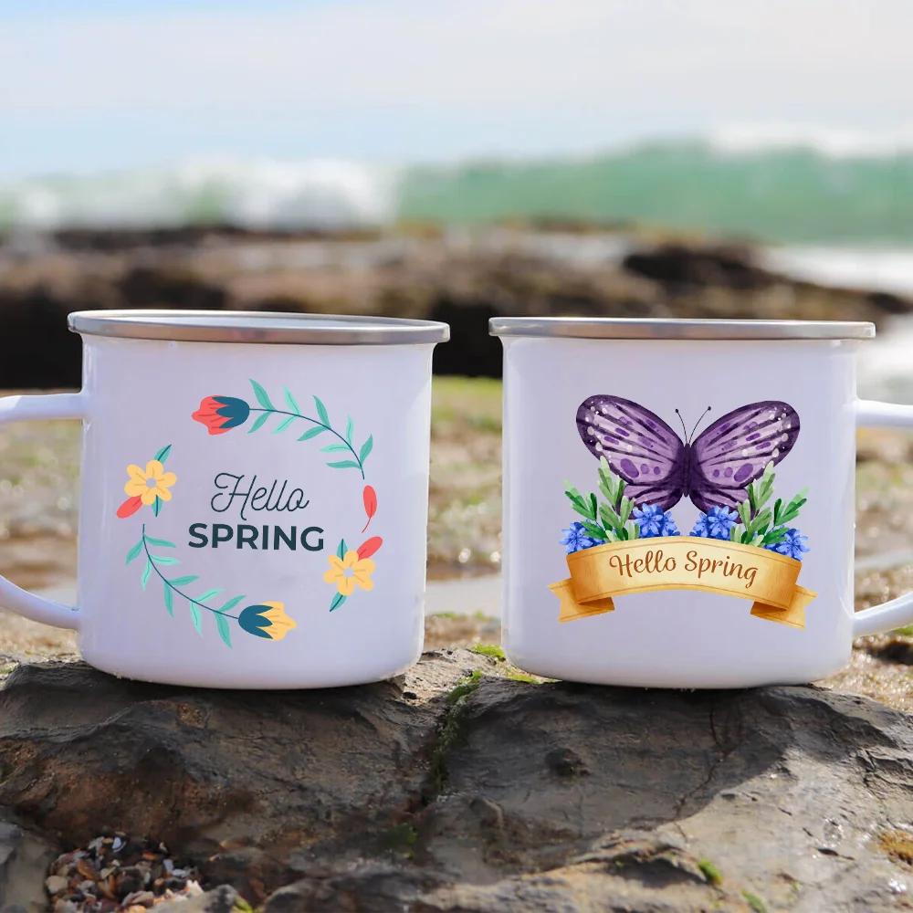 

Hello Spring Enamel Camping Mug Appreciation Best Original and Fun Gifts Drink Juice Water Dessert Cocoa Milk Handle Cup