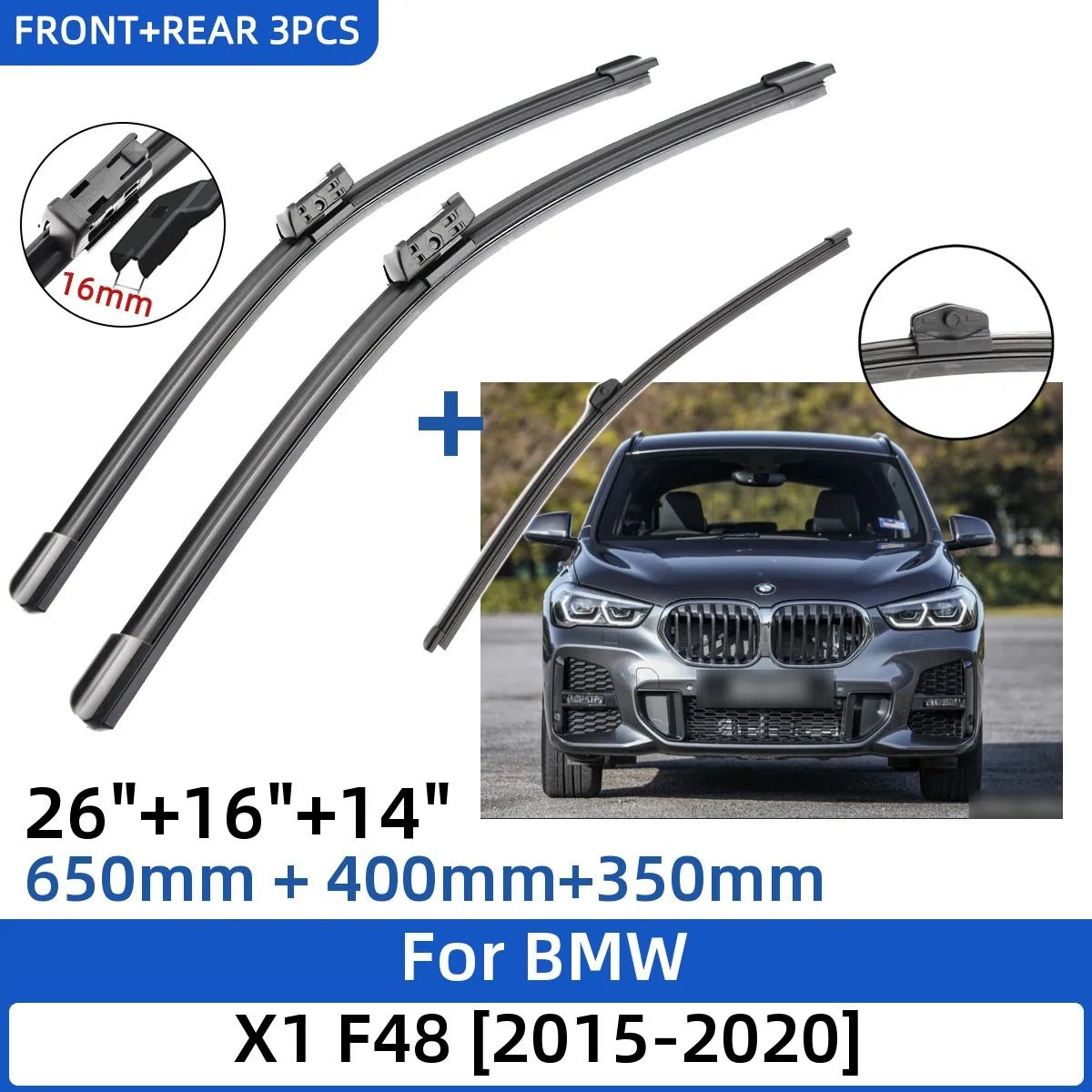 3PCS For BMW X1 F48 20152020 26"+16"+14" Front Rear Wiper Blades