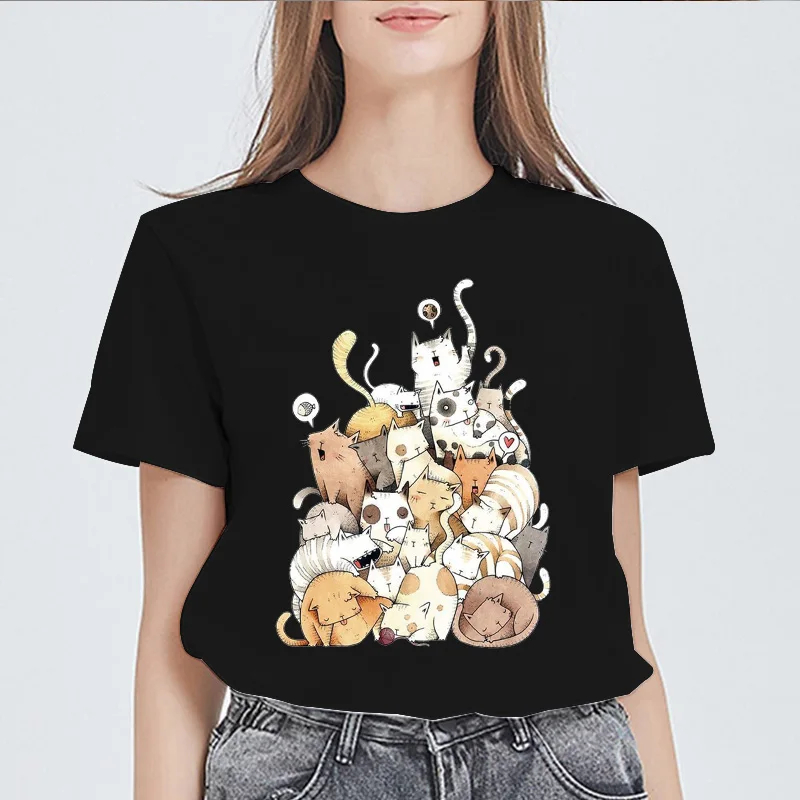 

T shirt Women Cats Print Tops Short Sleeve New Summer Trend Clothes Tees Female Tshirt Graphic Kawaii Clothing Ladies T-Shirt