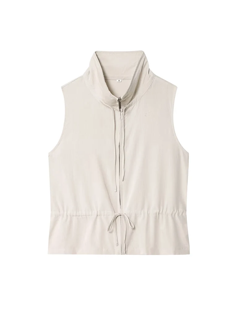 TFMLN  Women Casual Pant Suit Solid Turn-Down Collar Sleeveless Lace-Up Zipper Tank Top Elastic Waist Straight Pant Chic Outfits