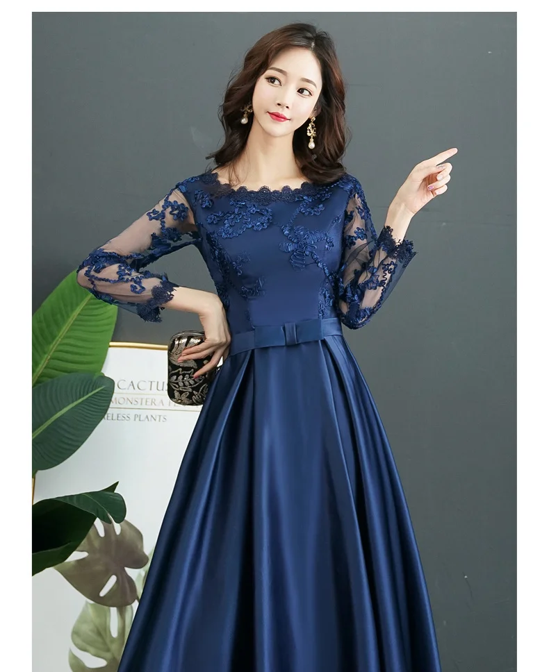 Navy Blue Long Sleeve Evening Dress 