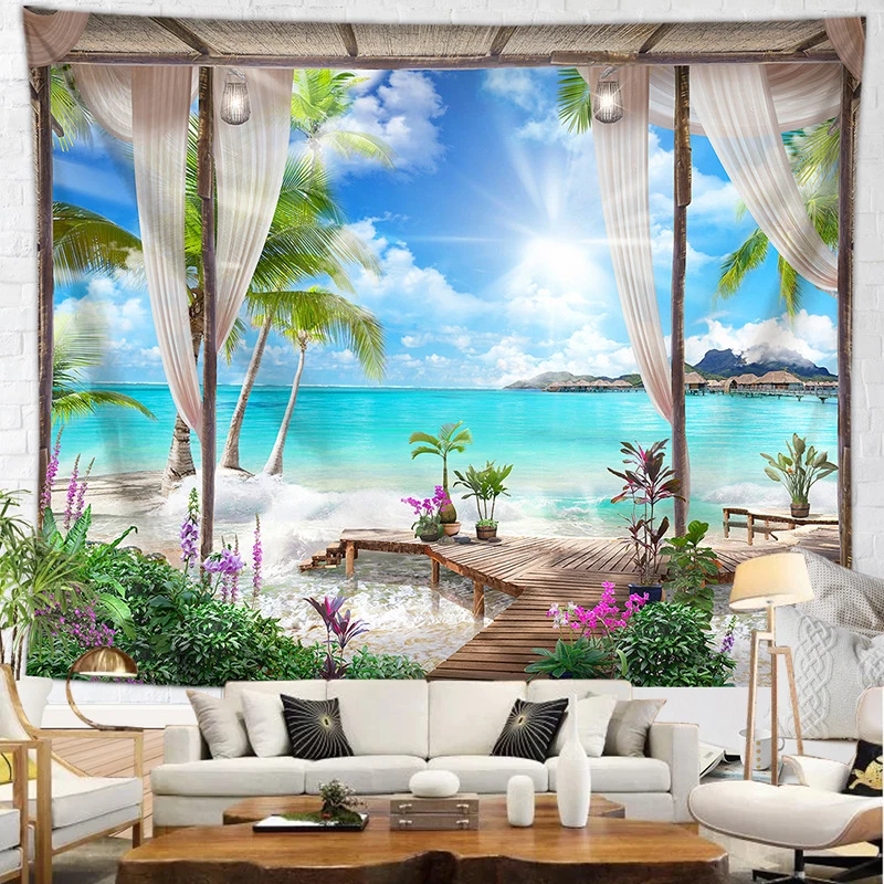 

Landscape Seaside Tapestry Beach Natural Scenery Mountain Wall Dormitory Decoration Hanging Cloth Home Decorative For Balcony