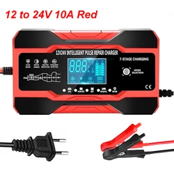 Smart Fast Charging Battery Charger, 12V/24V, 7-Stage Pulse Repair for AGM, GEL, WET Lead Acid Car Batteries (12 to 24V 10A Red)