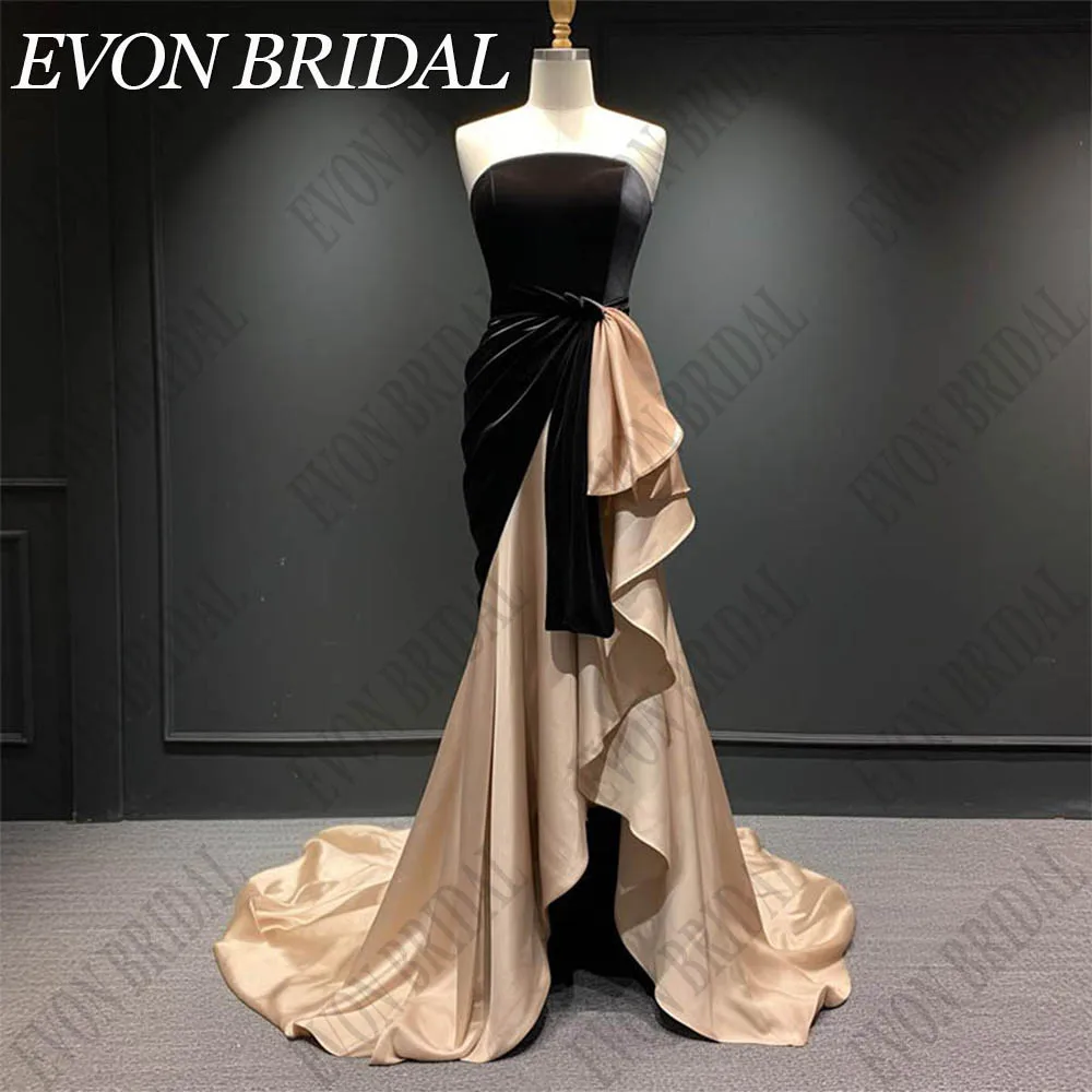 

EVON BRIDAL Strapless Mermaid Evening Dress Long فساتين السهرة Real Photos Black And Champagne Sleeveless Formal Prom Party Gown