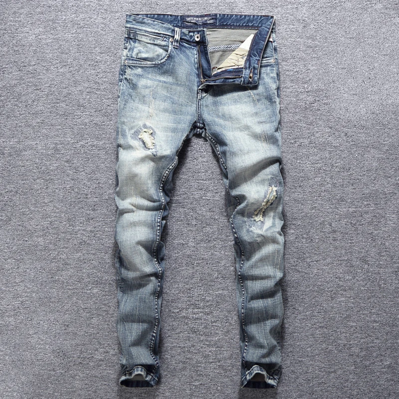 Fashion Designer Men Jeans Retro Gray Blue Slim Fit Stretch Ripped Jeans Men Patchwork Vintage Elastic Casual Denim Pants Hombre