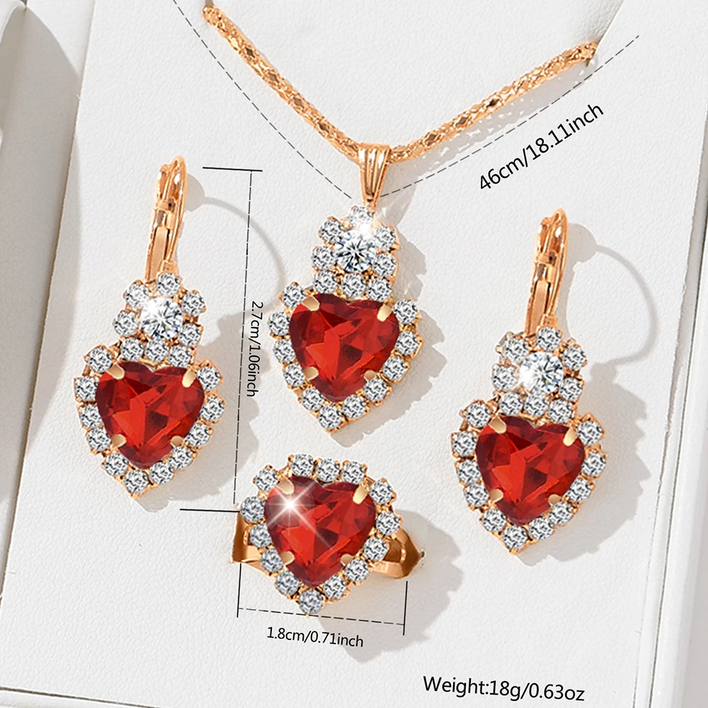 5 Women's Quartz Watches With Red Leather Straps, Heart-shaped Necklaces, Earrings, And Rings. Gifts For Eid Al Fitr 5