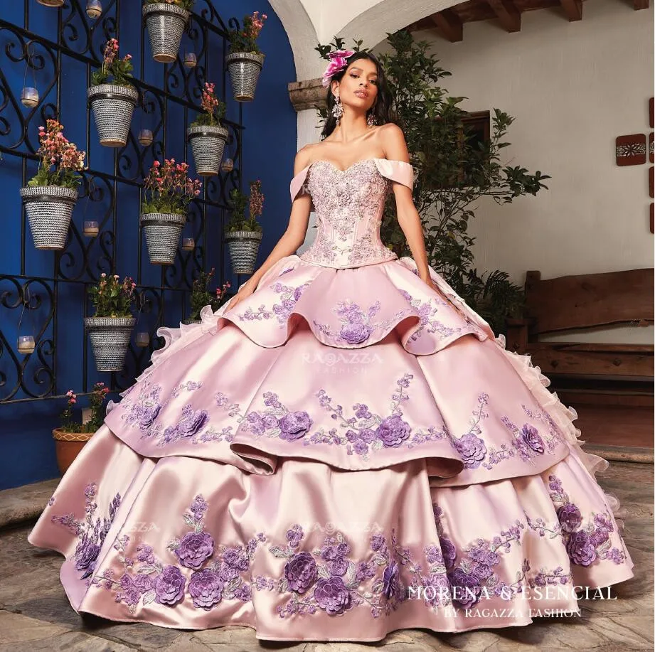 

Pink with Lavender Mexican Quinceanera Dress Princess Ruffles Puffy Skirt Floral Embroidery Sweet 15 vestidos de bal lace up
