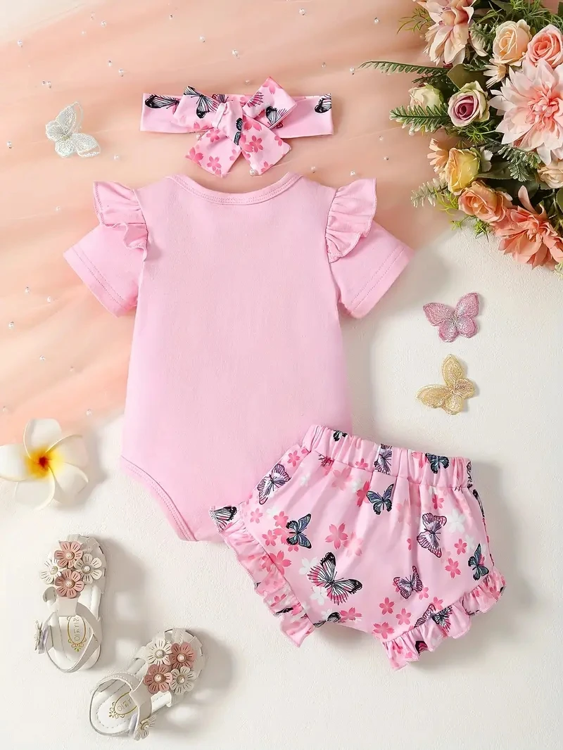 Baby Girl Butterfly Jumpsuit Print Shorts 3-Piece Headband Set summer jumpsuit baby jumpsuit baby clothing