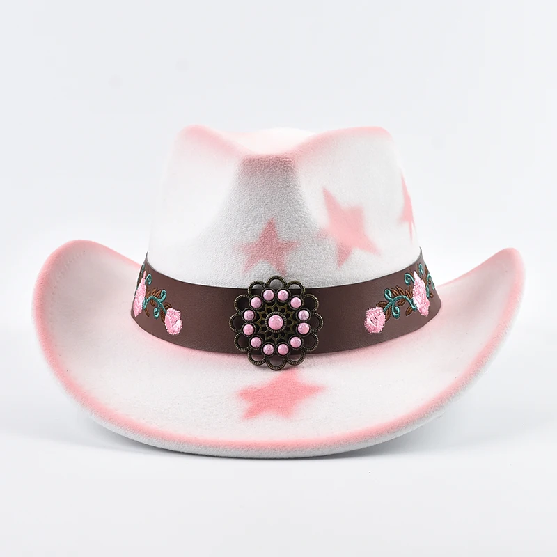 New Western Style Cowgirl Hat Vintage Roll Up Brim Gentleman Lady Felt Jazz Hats Pink Women Girls Birthday Party Cowboy Hat