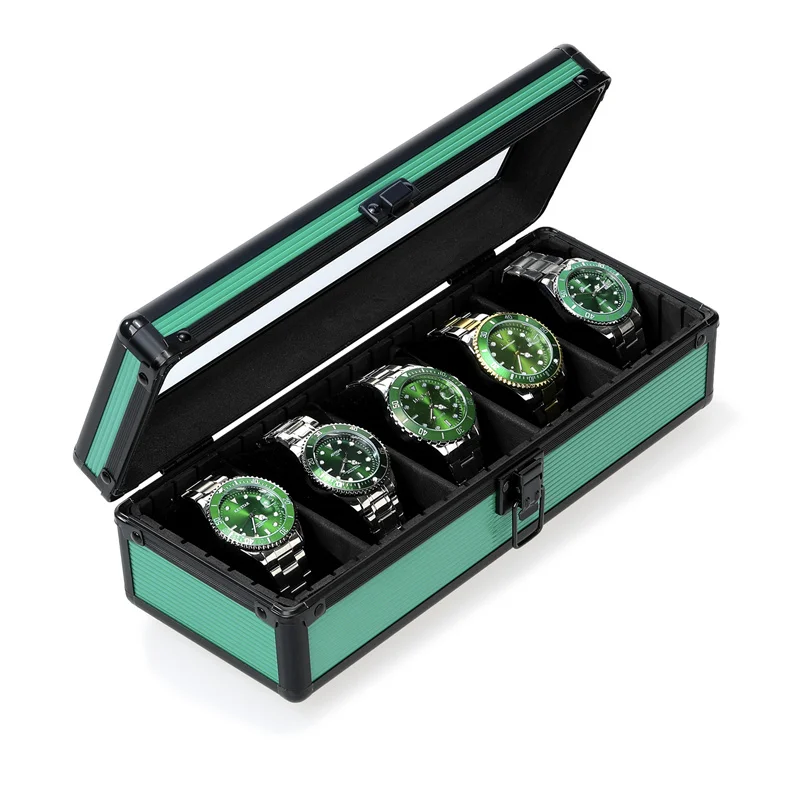 boite-de-montre-en-aluminium-transparente-verte-etui-de-rangement-5-emplacements-montres-bracelets-affichage-de-lucarne-cadeau-de-collection