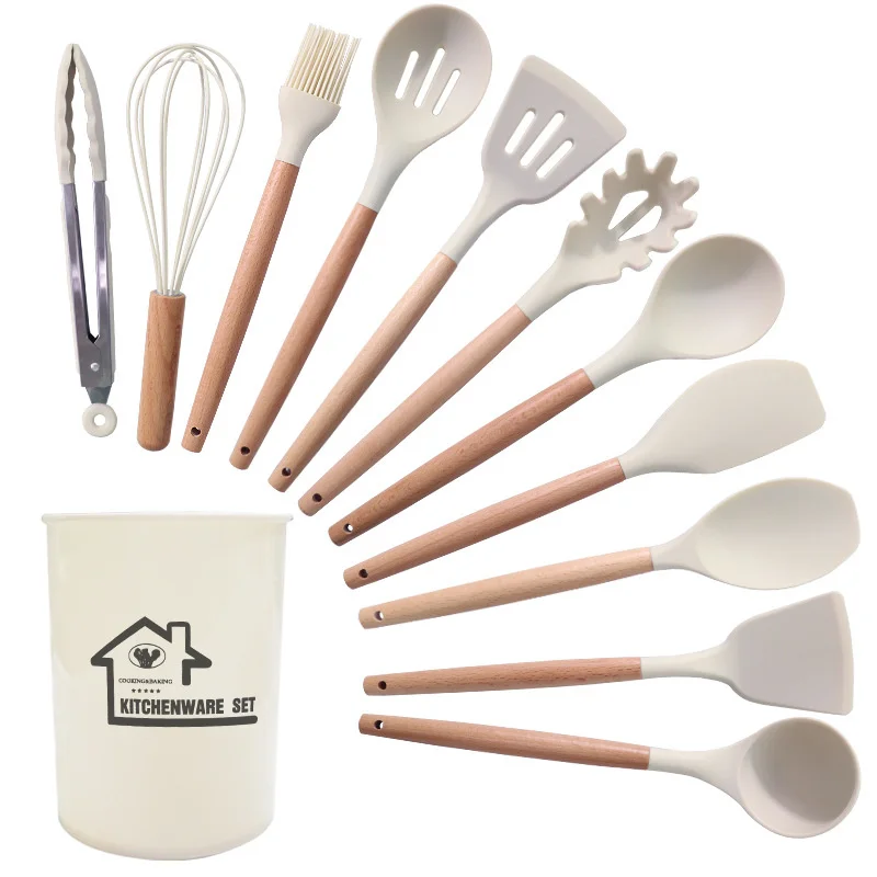 

Non Stick Silicone Kitchen Utensils Spatula Shovel Soup Spoon Cooking Tool With Storage Bucket Wood Handle Kitchen Gadgets