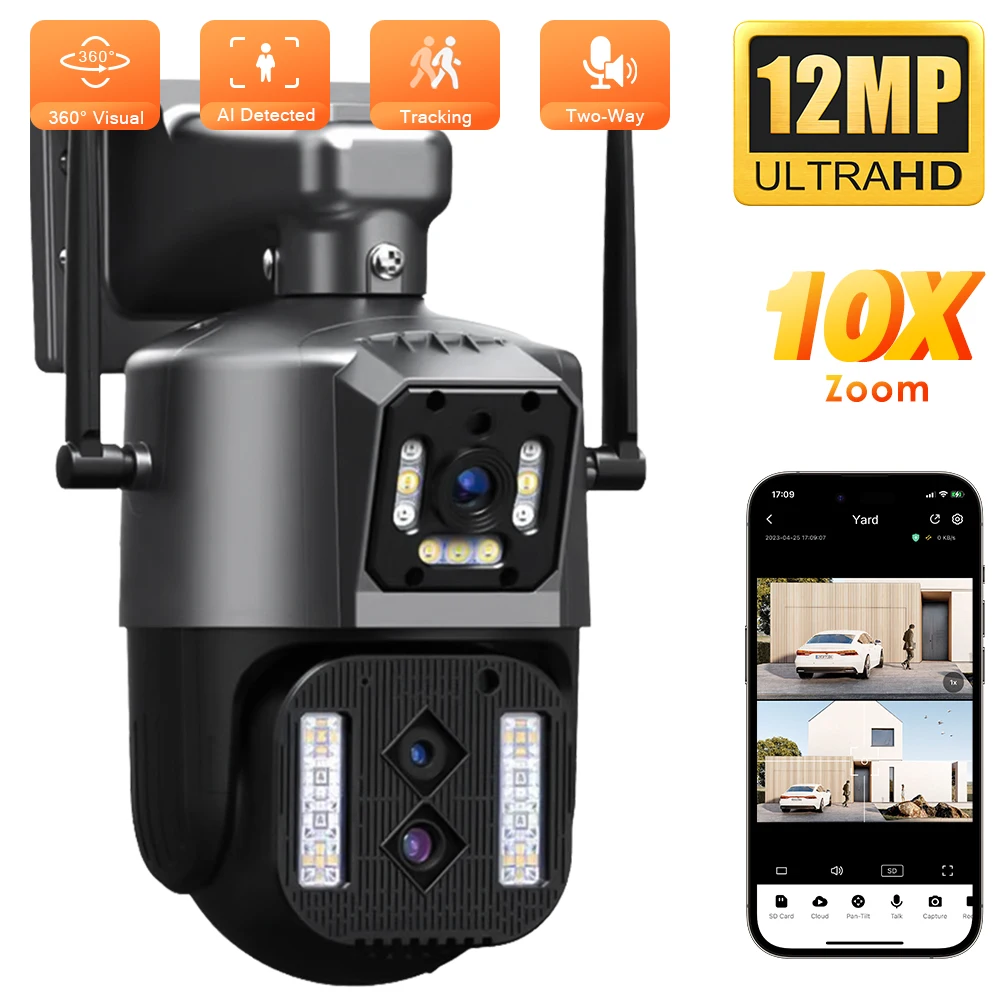 

6K12MP WiFi IP Camera Outdoor Pan Head Three Lens Dual Screen 10X Zoom Automatic Tracking Human Body Waterproof CCTV Camera 8MP