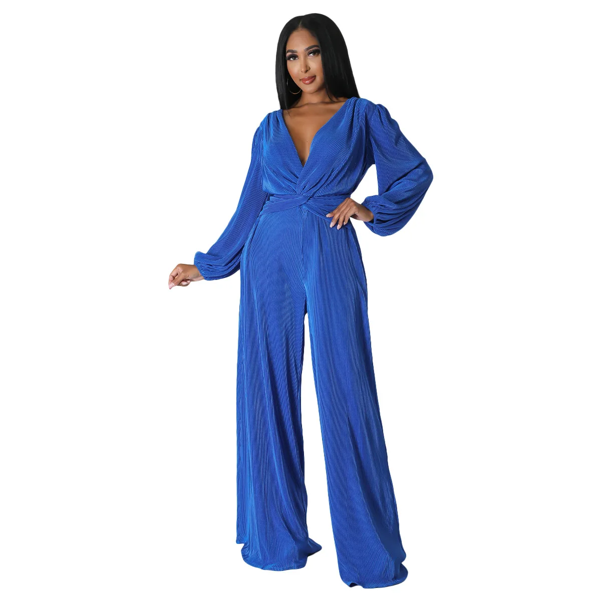 Autumn Women'S Clothes Pleated Cloth Jumpsuit Sexy V-Neck  Long Sleeves Solid Color Ladies Women Loose Wide Leg Jumpsuits