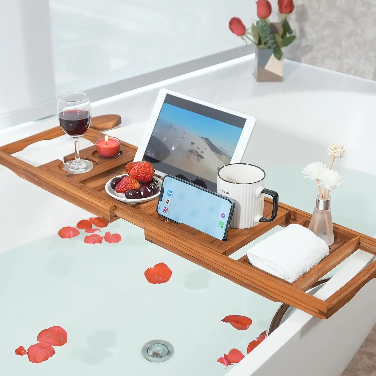 Premium Teak Bathtub Tray, Expandable Wooden Bath Tray for Tub, Luxury Bathtub & Bathroom Accessories, Great House Warming,