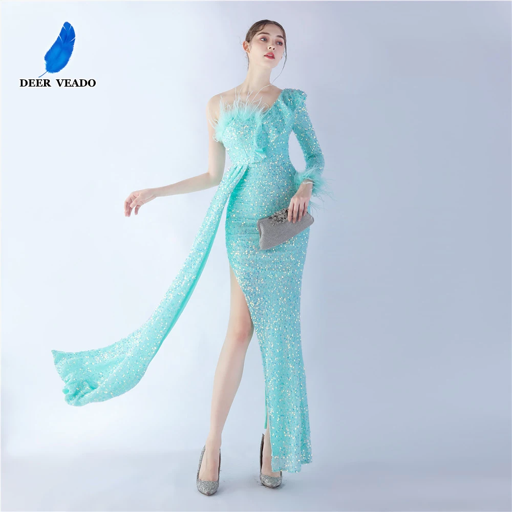 

DEERVEADO One Shoulder Mermaid Long Sleeves Evening Dress for Woman Elegant Slit Sequined Formal Party Maxi Dress with Feathers