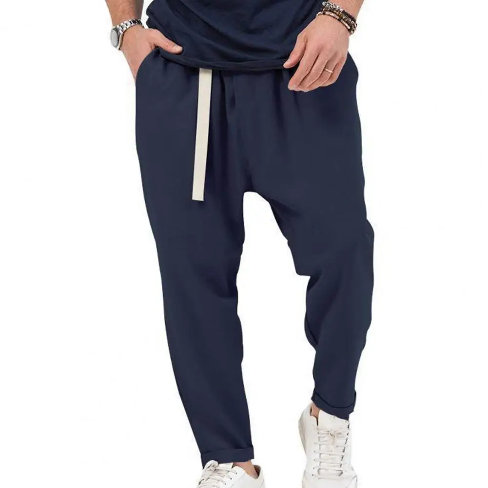 

Men Solid Color Harem Trousers Stylish Men's Harem Trousers with Elastic Waistband Belted Pockets Loose Fit for Streetwear