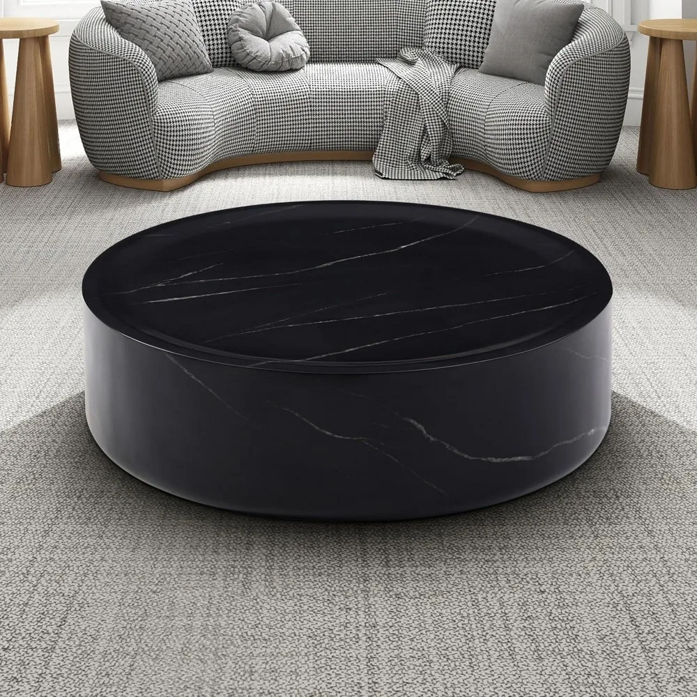 Modern Round Coffee Table for Living Room, Circle Coffee Table Faux Black Pattern Center Table for Apartment, No Need Assembly 5
