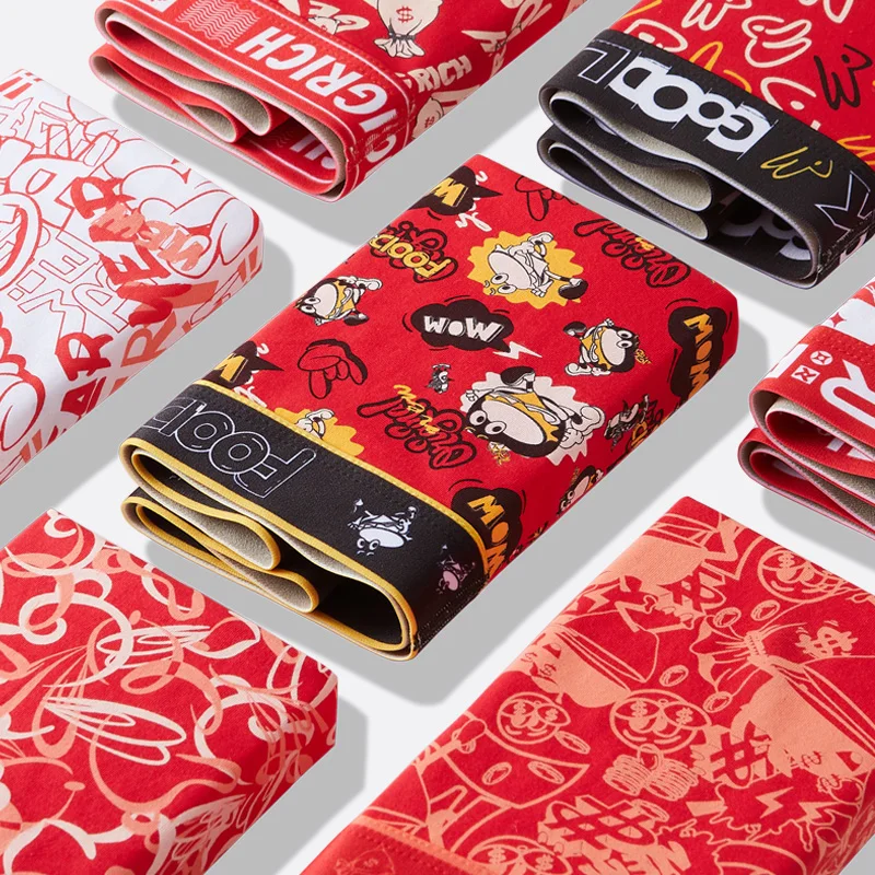 4 red printed men's cotton underwear Plus size men's boxing cotton underwear Men's sports boxing red lucky shorts