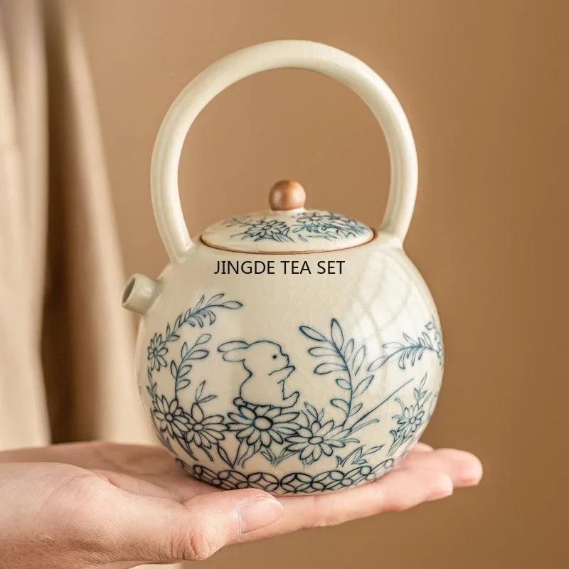 225ml Ceramic Cute Rabbit Ru Kiln Teapot Sunflower Hanging Beam Teapot Household Tea Set