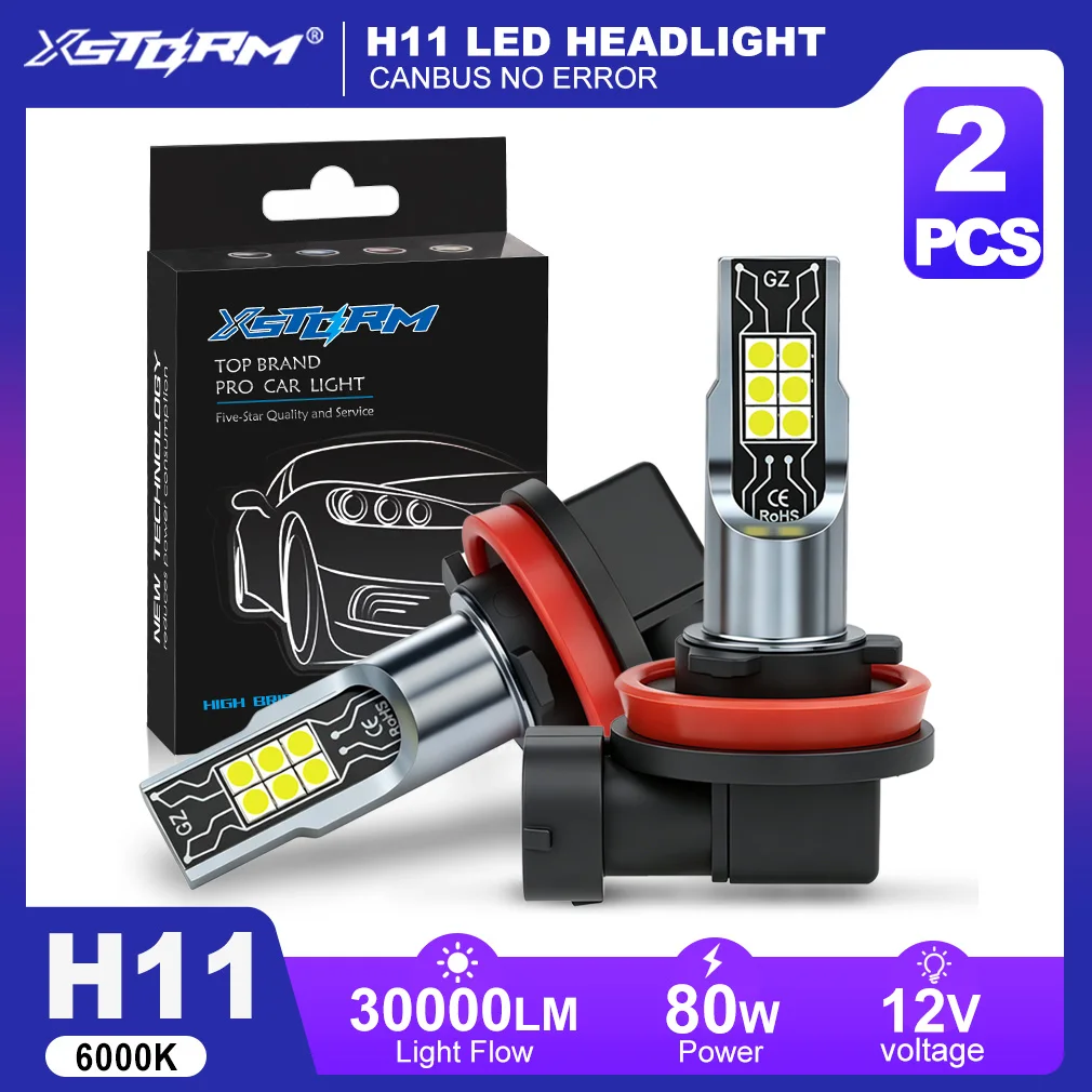 XSTORM 1/2개입 H11 LED 안개등 전구 캔버스 무에러 9005 HB3 9006 HB4 H7 H4 LED 라이트 전구 자동차용 30000LM 80W 12V