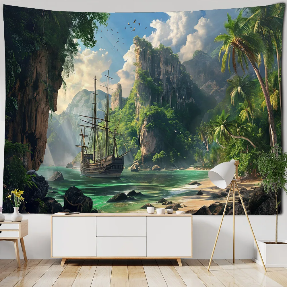 

Fantasy sea view tapestry, coconut boat castle print wall hanging cloth suitable for home, office, dormitory wall art decoration