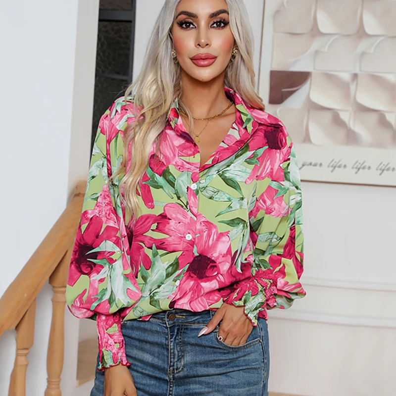 

Blouse For Women Spring Autumn New Long Sleeve Floral Print Tun-down Collar Casual Commute Fashion Elegant Office Lady Blouse