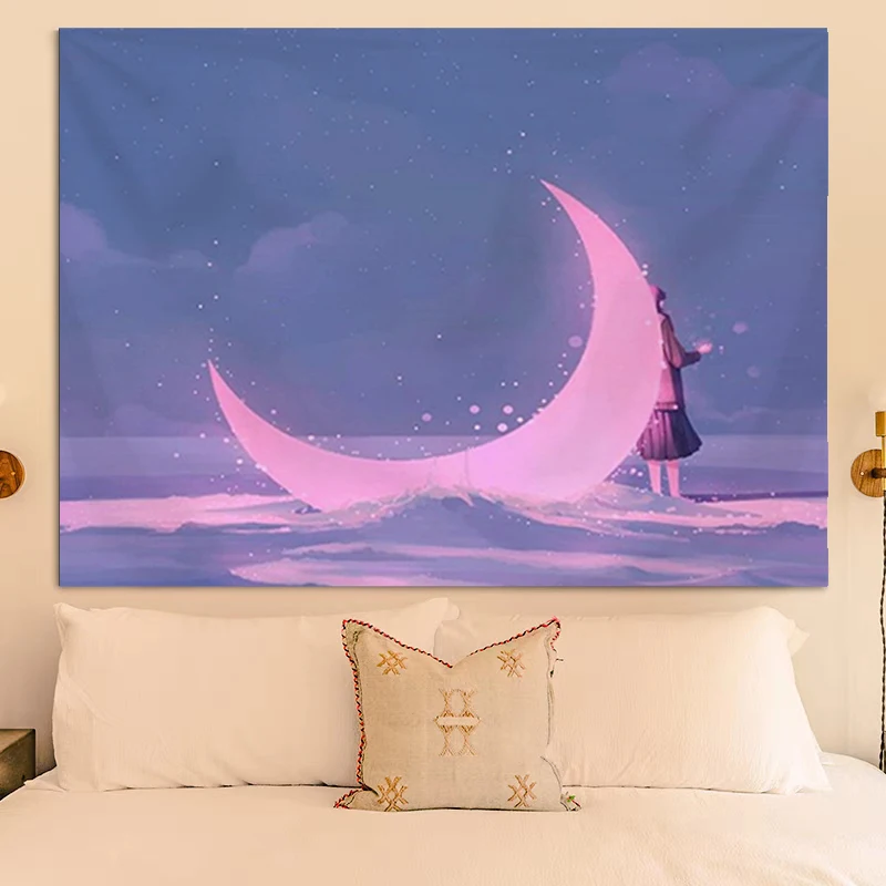 

Decorative Wall Tapestry Aesthetic Pink Moon Kawaii Room Decor Bedroom Decoration Home Anime Headboards Tapestries Decors Fabric