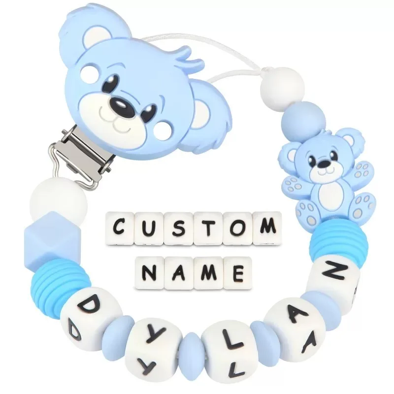 Baby Customizable Personalized Silicone Name Cartoon Bear  Pacifier Chain for Teether Nursing Toys Nipple Dummy Holder Chains