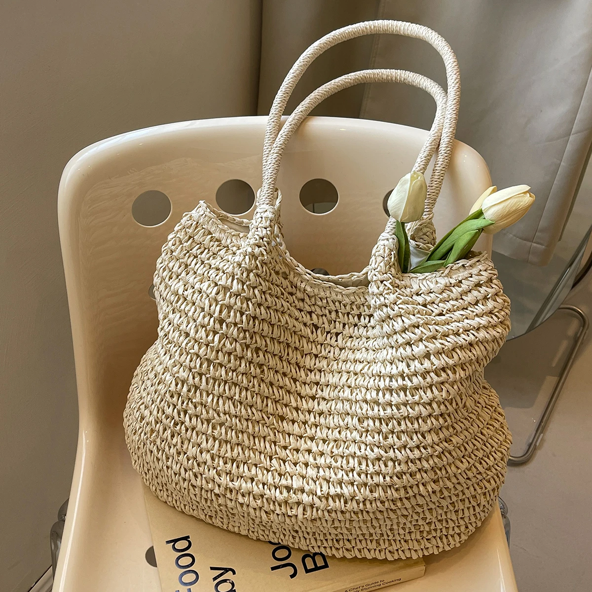 Lazy Style Woven Bag Women's Summer Seaside Vacation Beach Bag Large Capacity Shoulder Bag Straw Bag Tote Bag Work Clothing Wool Knitted Bag Work