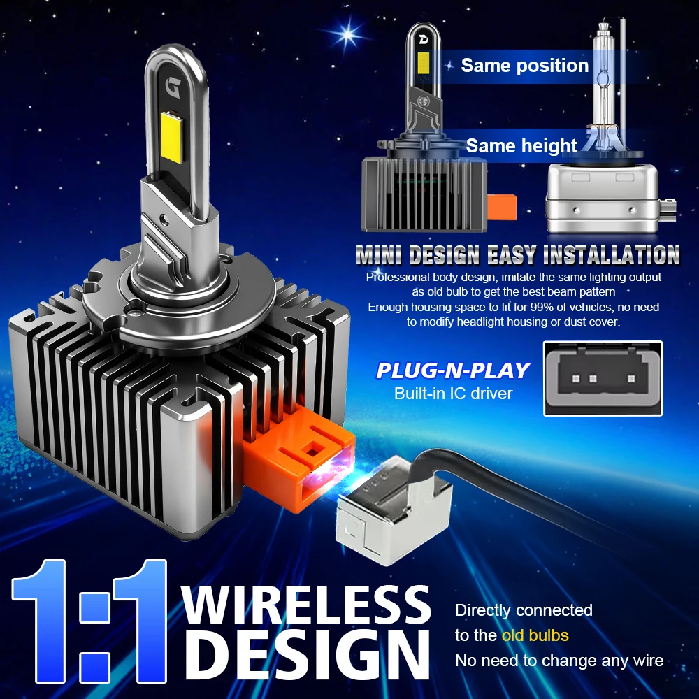 300W 50000LM D8S D8R LED 캔버스 자동차 헤드라이트 전구 1:1 플러그앤플레이 자동차 라이트 구리 튜브 6000K HID 교체용 헤드램프