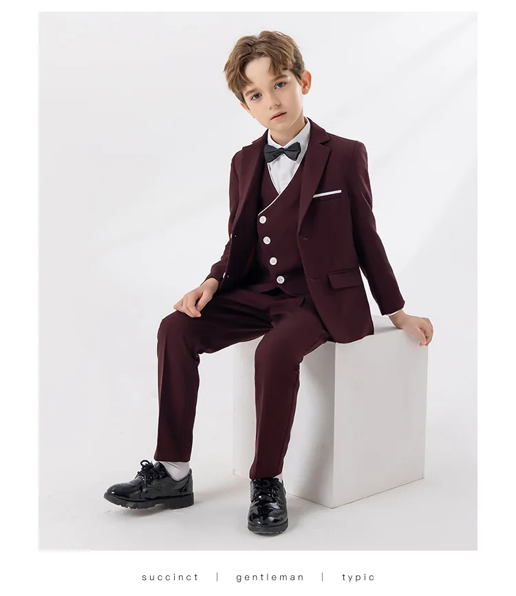 Boys Suit Burgundy Jacket Vest Pants Bowtie Photograph Suit Children Piano Party Dress Gentleman Kids Ceremony Performance Costume