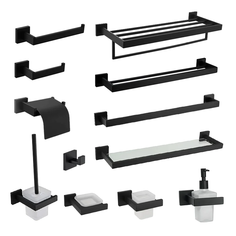 Black Bathroom Accessories Stainless Steel Set Wall Rack Towel Rack Towel Tissue Holder Clothes Hook Toilet Brush Pendant Toilet Paper Holder Bathroom Hardware Set Bathroom Hardware Accessories