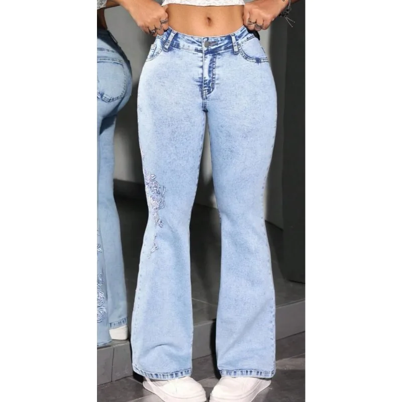 Jean tendance pour femme, brodé, coupe évasée, taille mi-haute, en denim extensible, pantalon décontracté