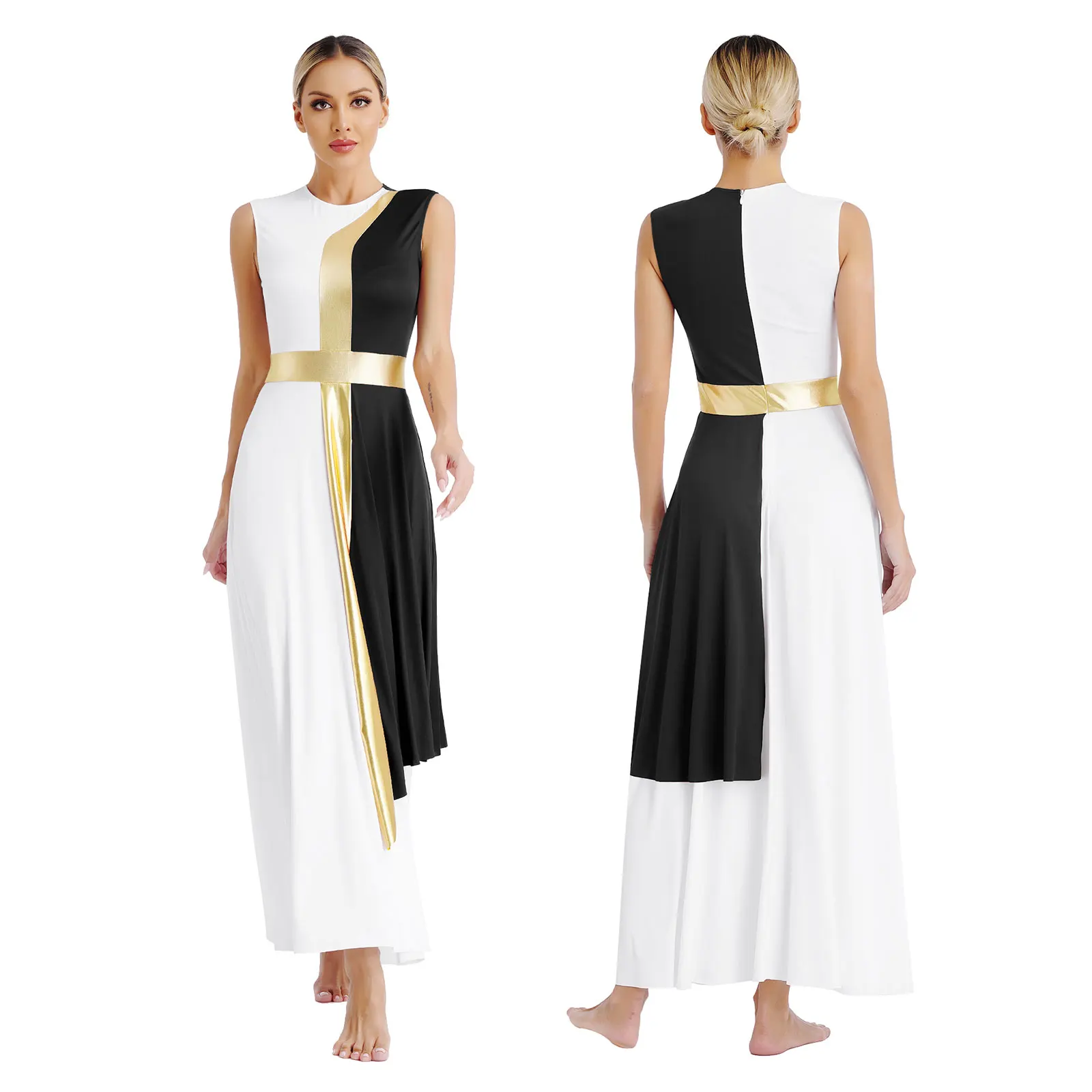 

Women Praise Lyrical Dance Stage Performance Costume Church Choir Liturgical Worship Dress Sleeveless Contrast Color Dancewear